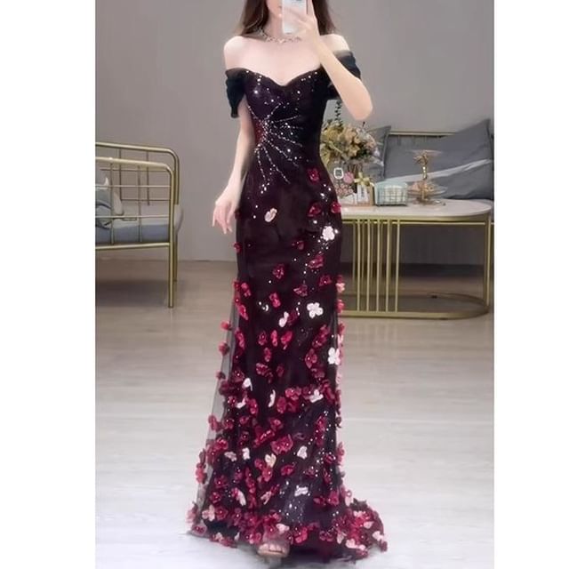 Floral Accent Mermaid Off-Shoulder Sequin Short-Sleeve Gown Evening