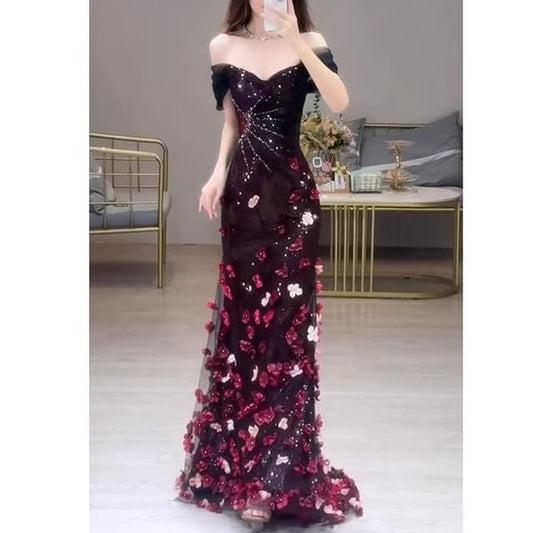 Short-Sleeve Off-Shoulder Sequin Floral Accent Mermaid Evening Gown