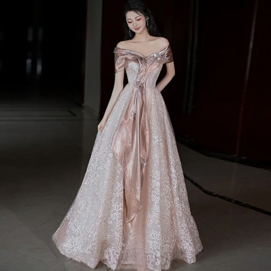 Short-Sleeve Off-Shoulder Floral Accent Lace A-Line Evening Gown