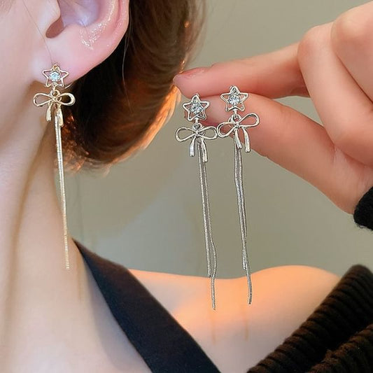 Star Threader bow Rhinestone Earring Alloy