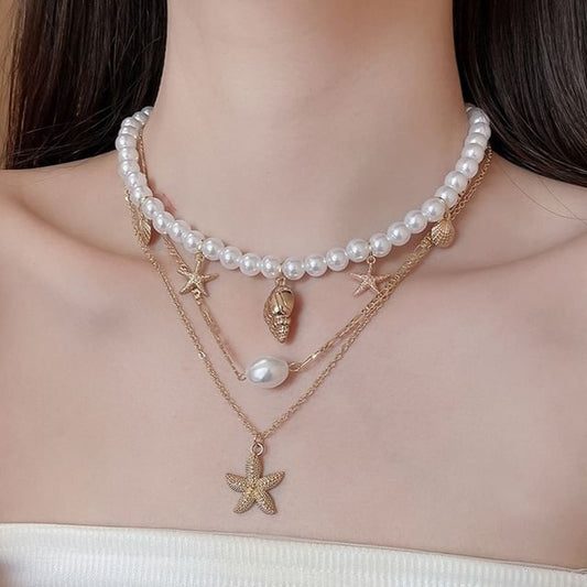Set + Starfish Necklace 3: Choker Pendant Alloy Pearl of Faux