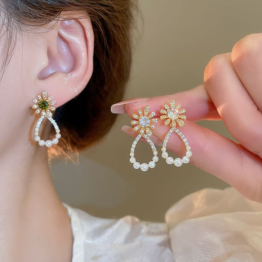 Floral Drop Rhinestone Earring Alloy Faux Pearl