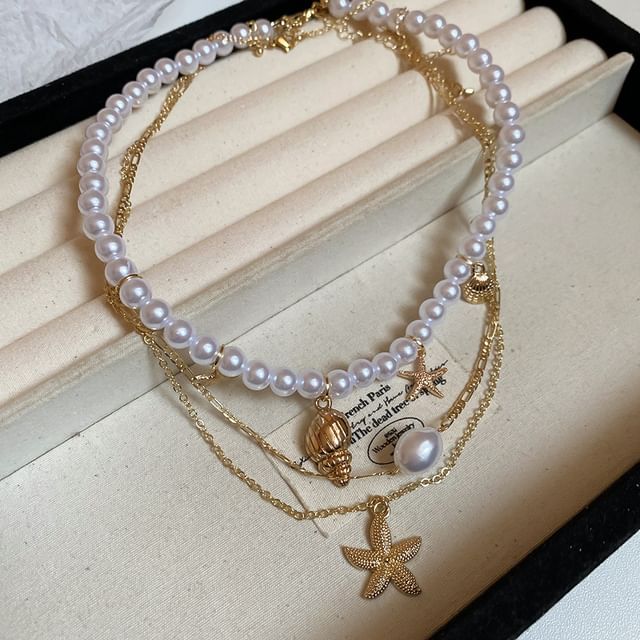 Set + Starfish Necklace 3: Choker Pendant Alloy Pearl of Faux