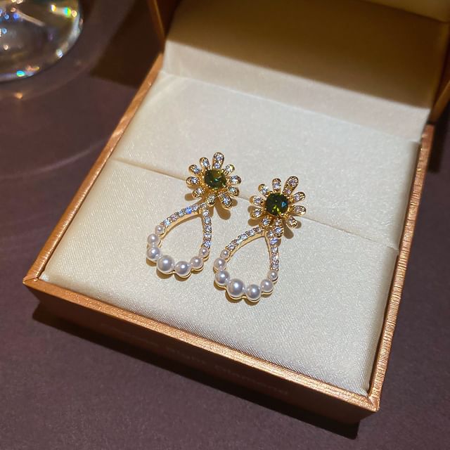 Floral Drop Rhinestone Earring Alloy Faux Pearl