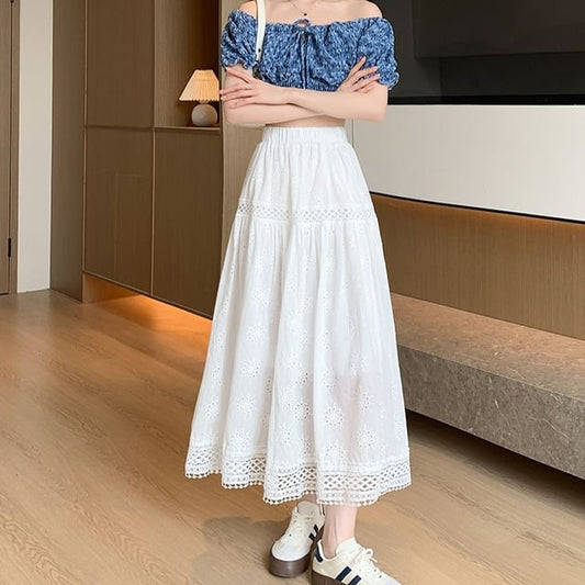 Embroidered Designs) Waist Elastic (Various Midi Plain A-Line Skirt