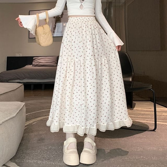 Midi Elastic A-Line Floral Waist Skirt