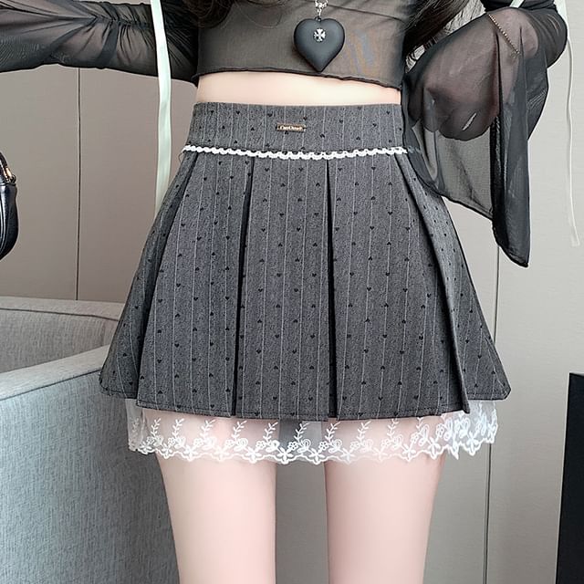 Lace Print Heart Mini Bow Panel Skirt High A-Line Waist