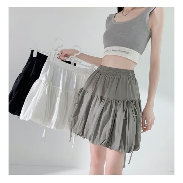 Plain Skirt Mini Hem Elastic Waist Bubble A-Line Bow