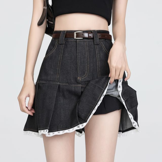 Waist Skort Denim Lace Trim High Pleated