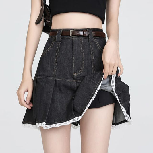 Waist Skort Denim Lace Trim High Pleated