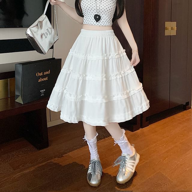 Tiered Trim Skirt Ruffle Waist Elastic A-Line Plain