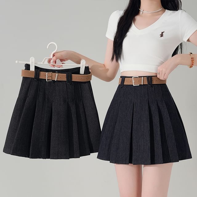 Denim High Skirt A-Line Pleated Waist Mini