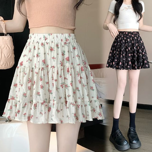 A-Line Elastic Waist Mini Floral Tiered Skirt
