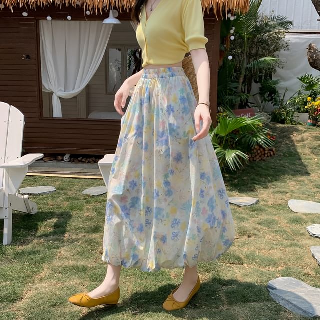 Midi A-Line Floral Elastic Skirt Waist