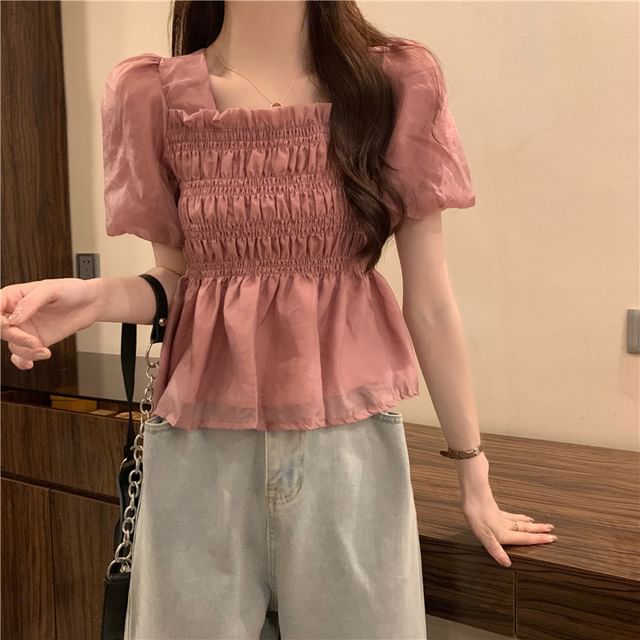 Short-Sleeve Peplum Neck Plain Blouse Square Ruched