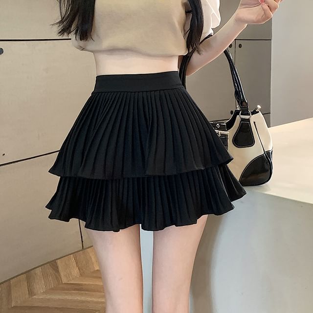 A-Line Tiered Waist Accordion Pleated Mini High Skirt Plain