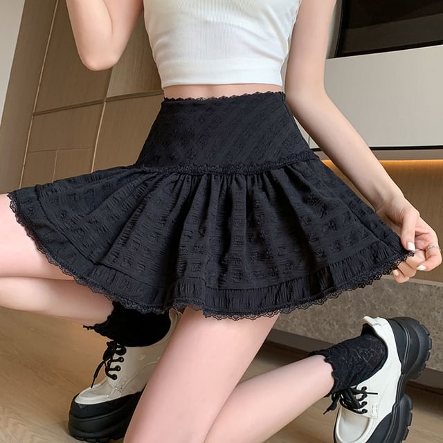 Skirt High Trim Waist Lace Plain A-Line Mini