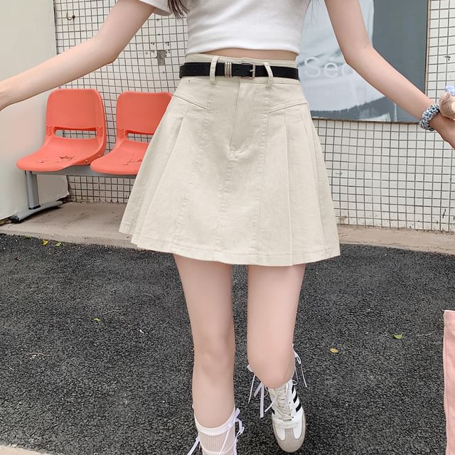 Mini High A-Line Rise Pleated Skirt Denim