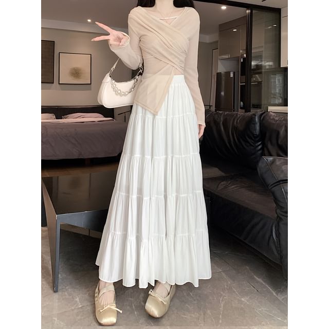 Tiered Waist Elastic Midi Plain A-Line Skirt