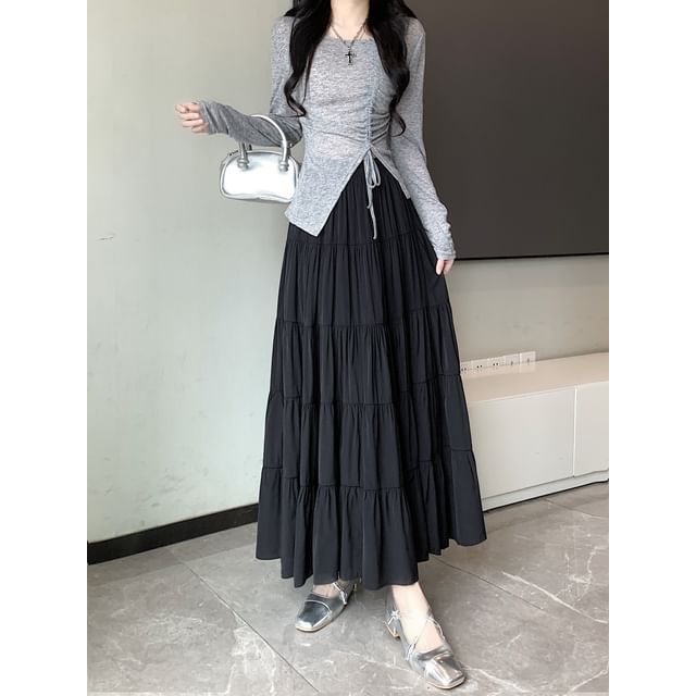 Tiered Waist Elastic Midi Plain A-Line Skirt