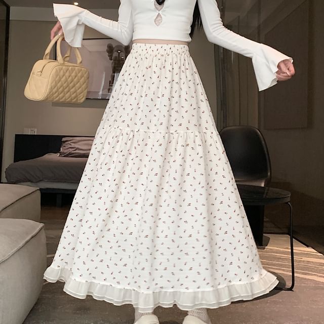 Midi Elastic A-Line Floral Waist Skirt