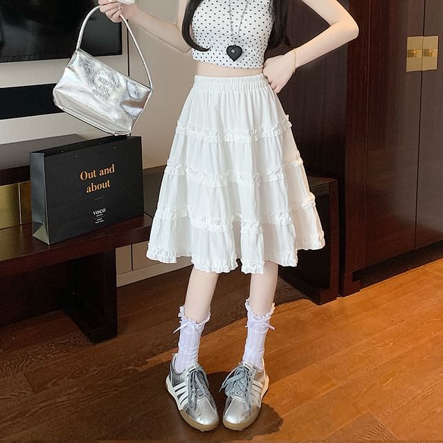 Tiered Trim Skirt Ruffle Waist Elastic A-Line Plain