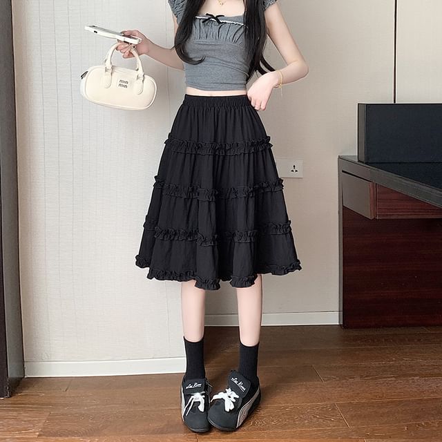 Tiered Trim Skirt Ruffle Waist Elastic A-Line Plain