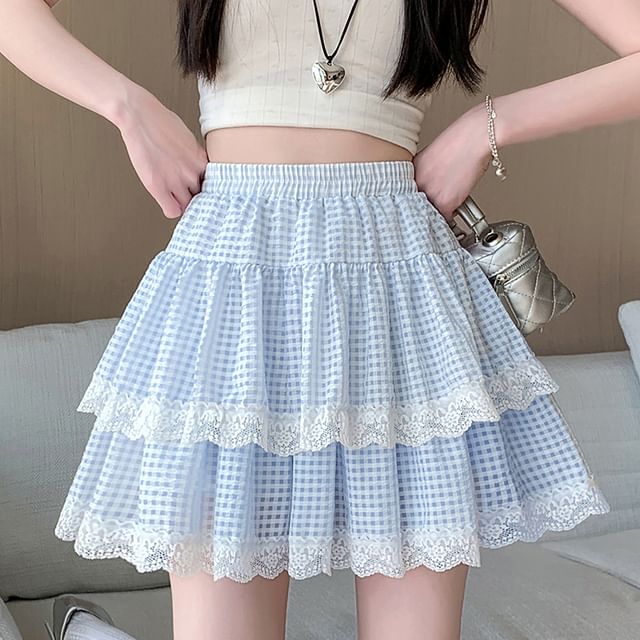 Skirt Plaid Trim Waist Lace Tiered Elastic Mini A-Line
