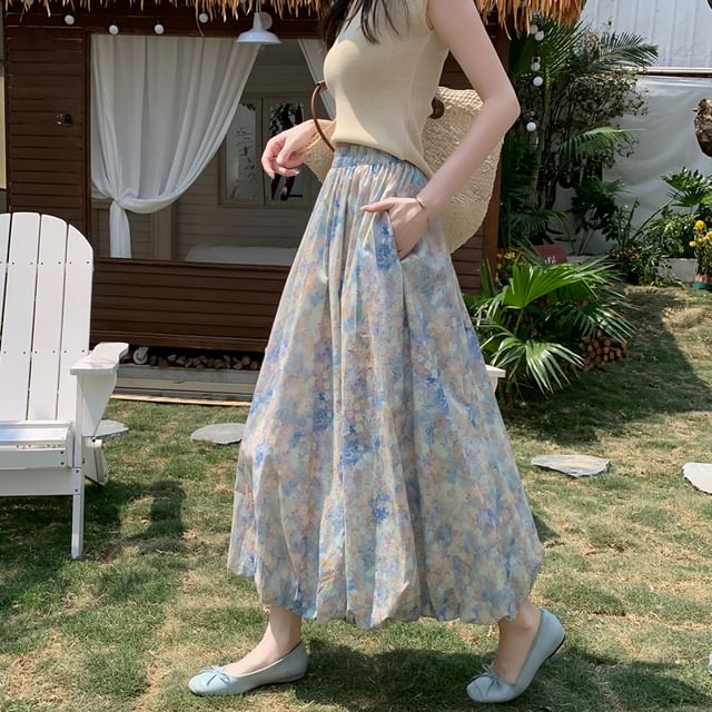 Midi A-Line Floral Elastic Skirt Waist