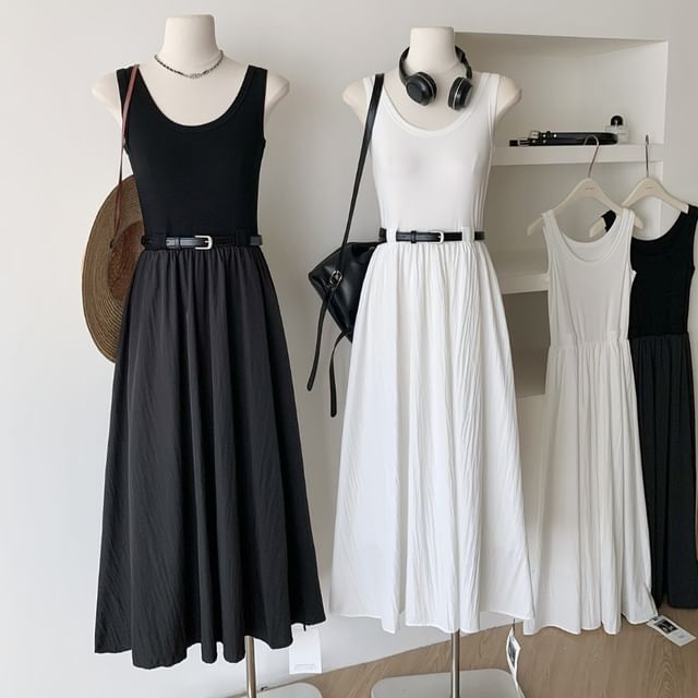 Sleeveless Dress Scoop Plain Midi Neck A-Line