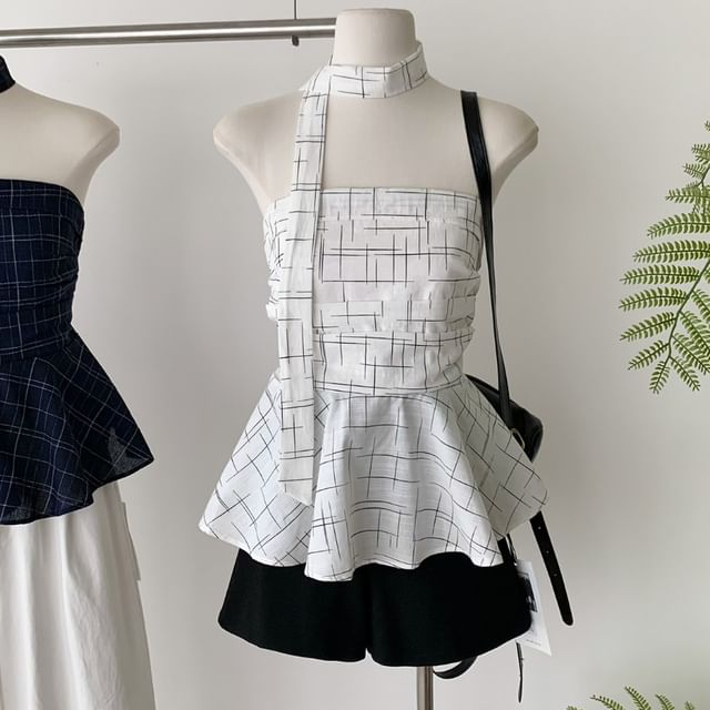 Top Plaid Tube Scarf Set: Skinny Peplum +