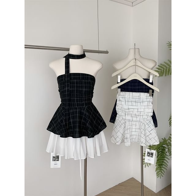 Top Plaid Tube Scarf Set: Skinny Peplum +