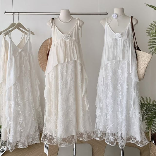 Strap V-Neck Spaghetti Maxi Dress A-Line Lace