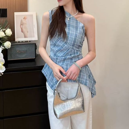 Asymmetrical Top Sleeveless Plaid