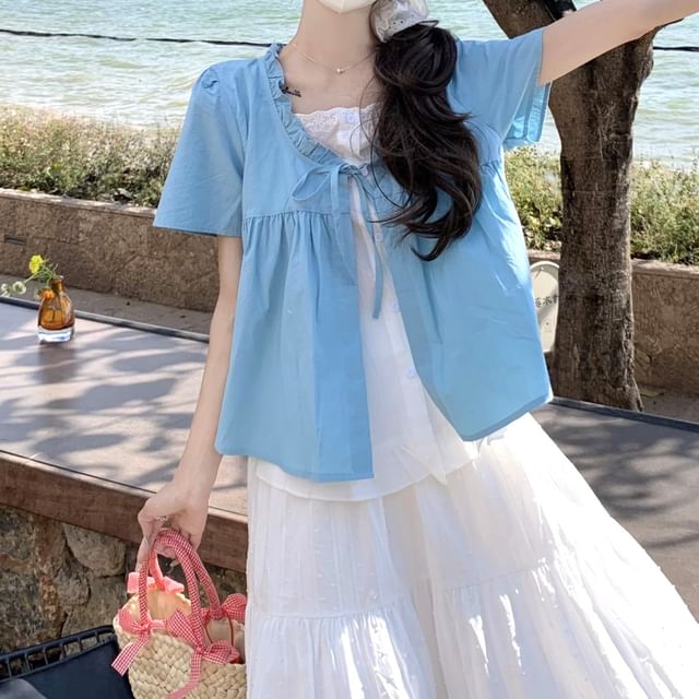 Tone Waist / Mock Maxi Two Two-Piece Short-Sleeve High Top