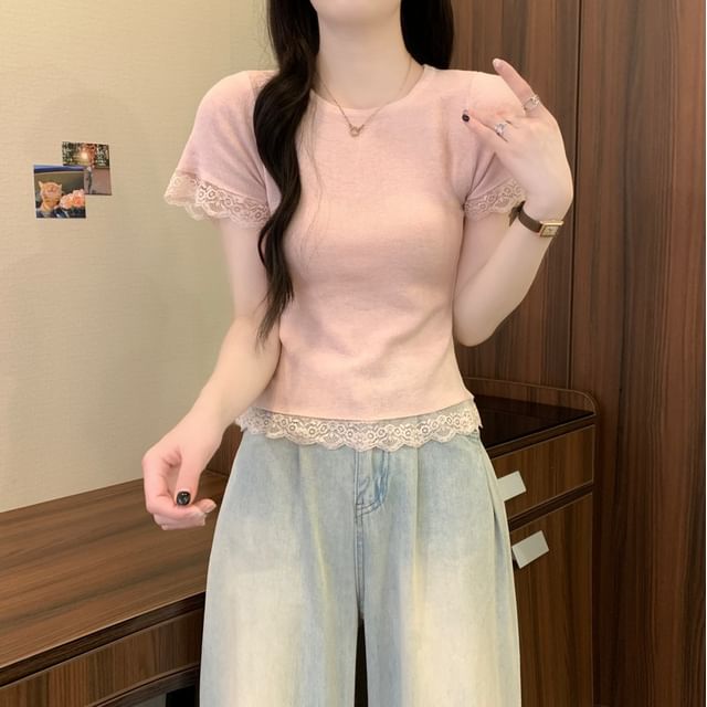 Crewneck Short-Sleeve Lace Tee Plain Trim
