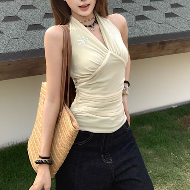 V-Neck Rhinestone Crop Sleeveless Top