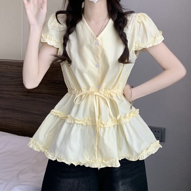 Flowy Plain Short-Sleeve V-Neck Trim Frill Shirt