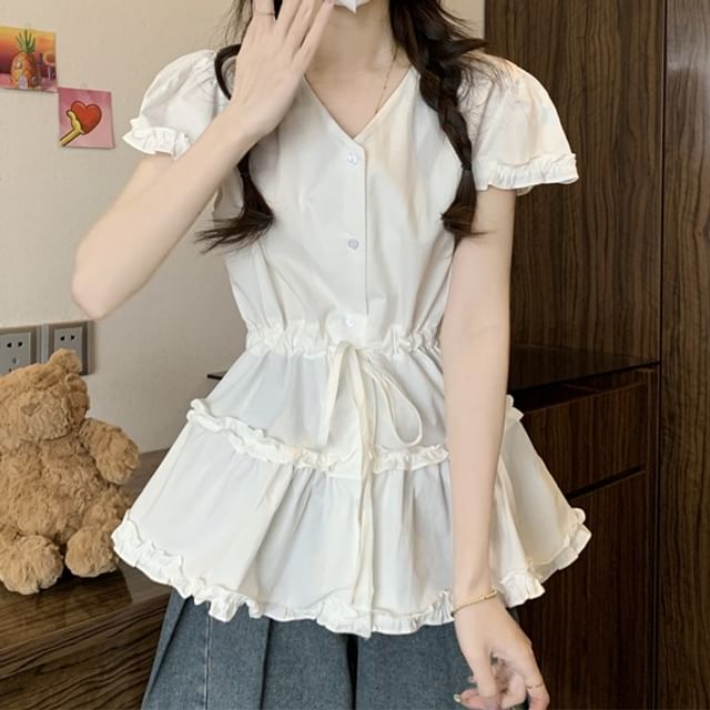 Flowy Plain Short-Sleeve V-Neck Trim Frill Shirt