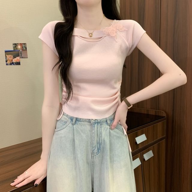 Short-Sleeve Accent Butterfly Plain Tee