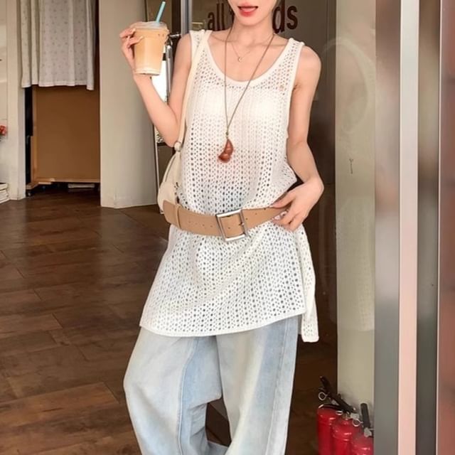 Sleeveless Hem Knit Slit Plain Top