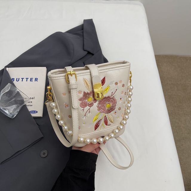 Bag Embroidered Bucket Pearl Floral Faux Strap