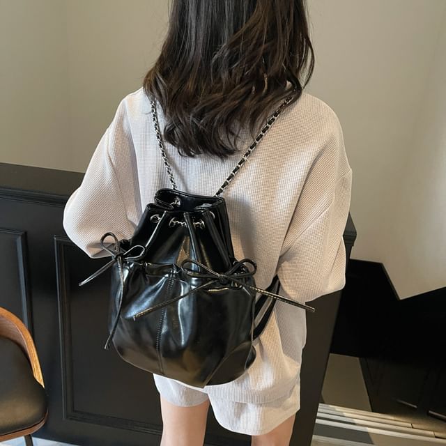 Plain Backpack Chain Bow Leather Strap Faux