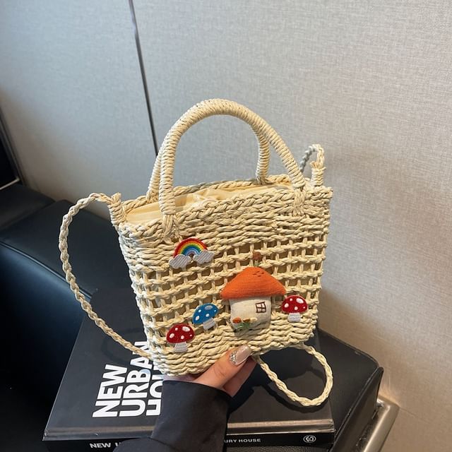 Top Applique Mushroom Straw Crossbody Bag Handle