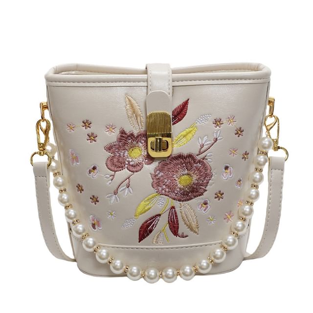 Bag Embroidered Bucket Pearl Floral Faux Strap