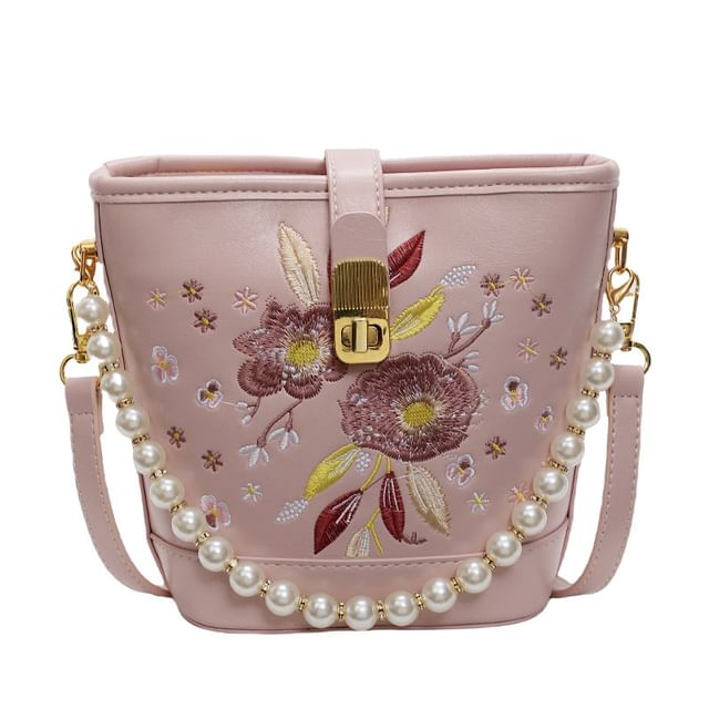 Bag Embroidered Bucket Pearl Floral Faux Strap