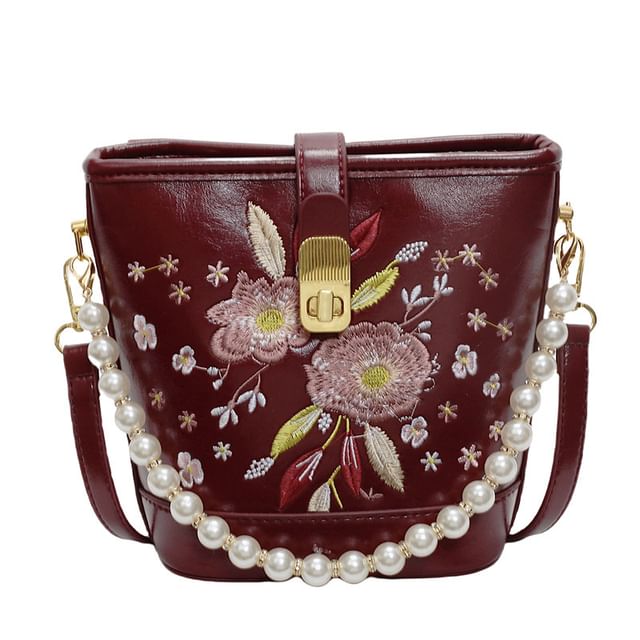 Bag Embroidered Bucket Pearl Floral Faux Strap
