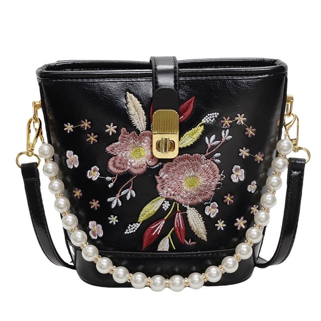 Bag Embroidered Bucket Pearl Floral Faux Strap