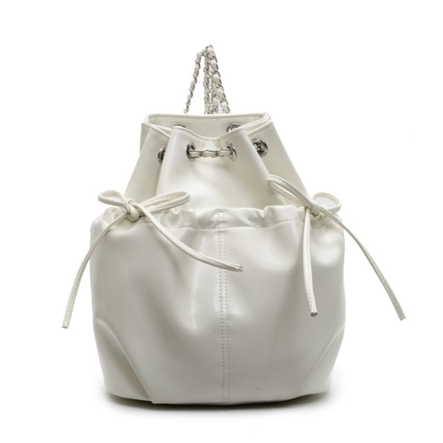 Plain Backpack Chain Bow Leather Strap Faux