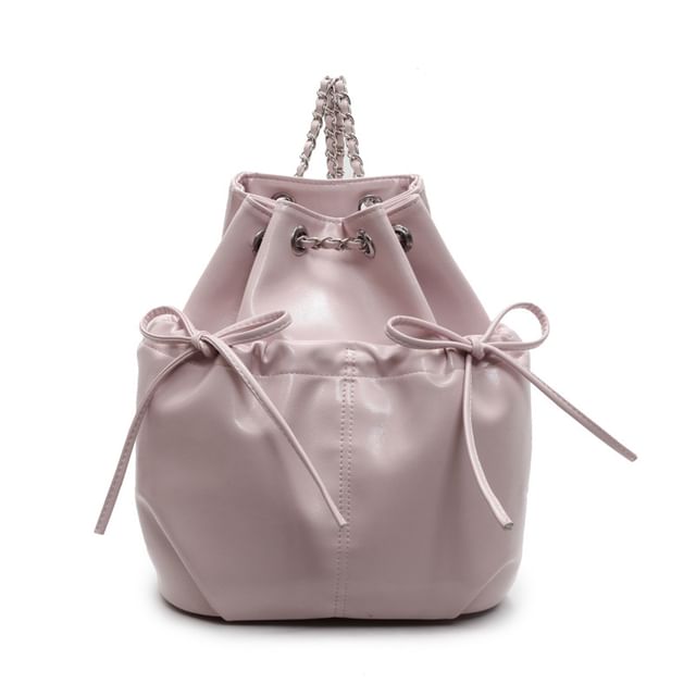 Plain Backpack Chain Bow Leather Strap Faux
